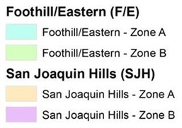 Fee Zone Legend.  Light Blue represents Foothill/Eastern - Zone A, Light Green represents Foothill/Easter - Zone B, Light Yellow represents San Juaquin Hills - Zone A and Pink represents San Juaquin Hills - Zone B